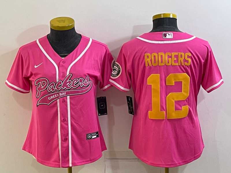 Womens Green Bay Packers #12 Aaron Rodgers Pink Gold With Patch Cool Base Stitched Baseball Jersey->women nfl jersey->Women Jersey